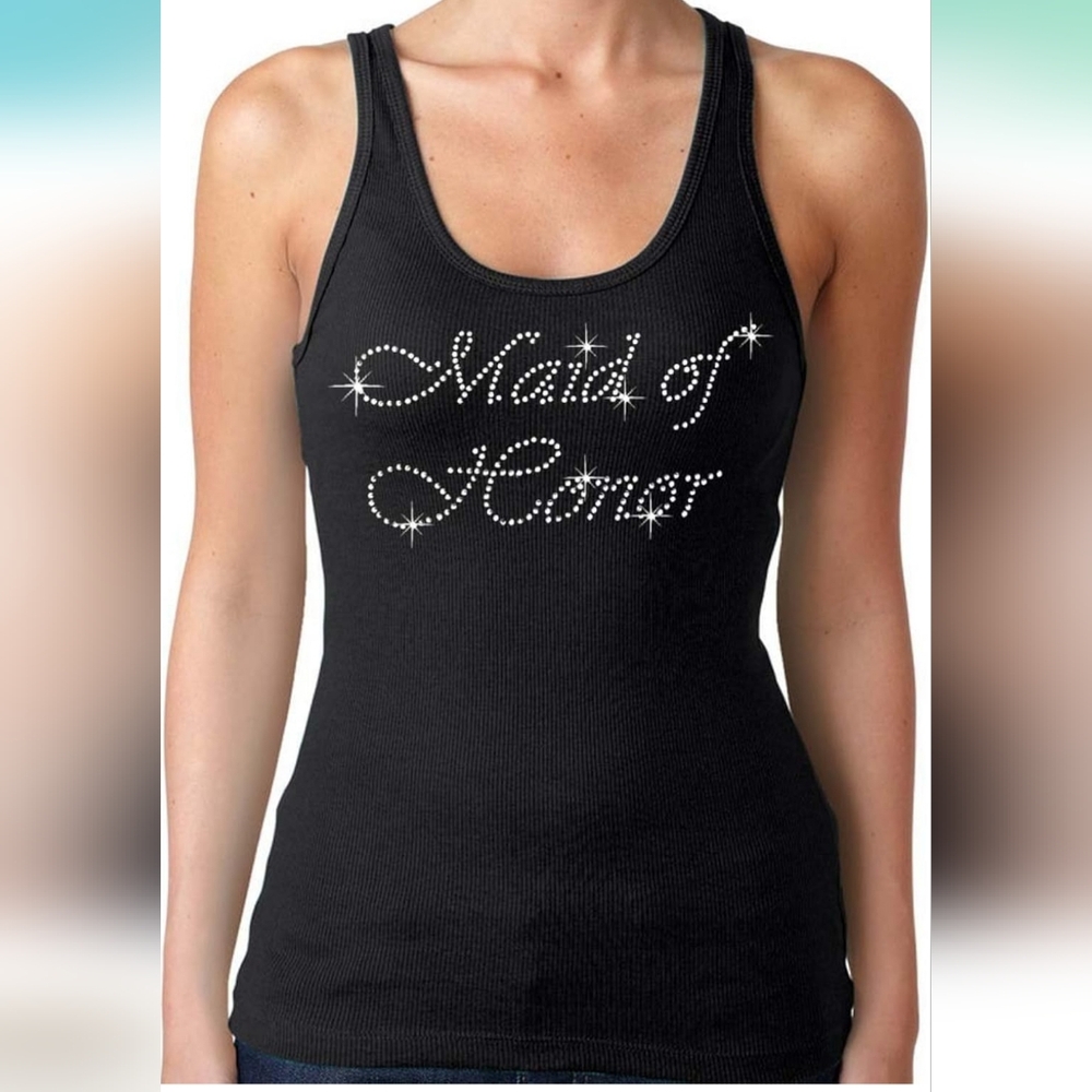 Women's Small Maid of Honor Black Tank Shirt TShirt Wedding Bridesmaids Party